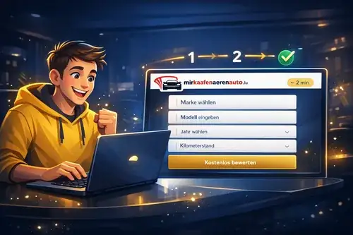 Schritt 1: Fahrzeugdaten online eingeben auf mirkaafenaerenauto.lu - kostenlos in 2 Minuten